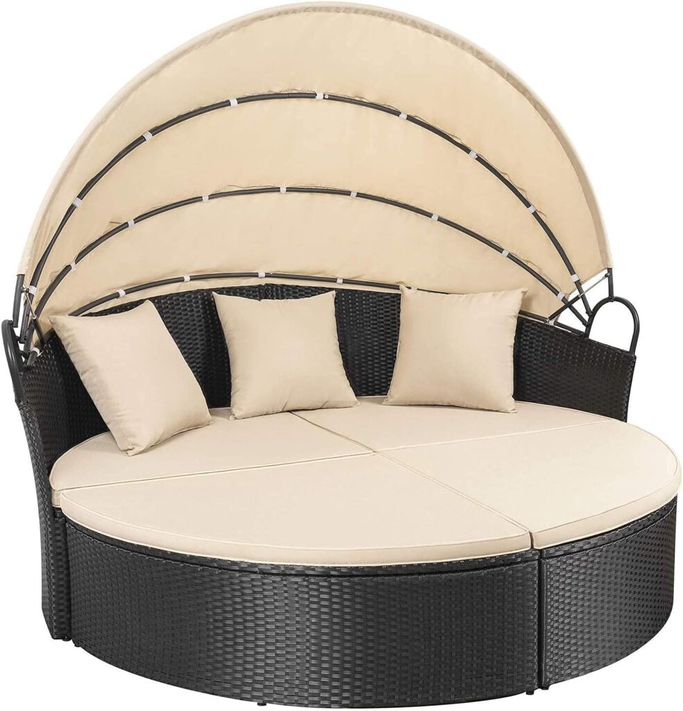 Homall Patio Outdoor Daybed with Retractable Canopy, Rattan Wicker Sectional Seating with Washable Cushions for Patio Backyard Porch Round Daybed Separated Seating (Beige)