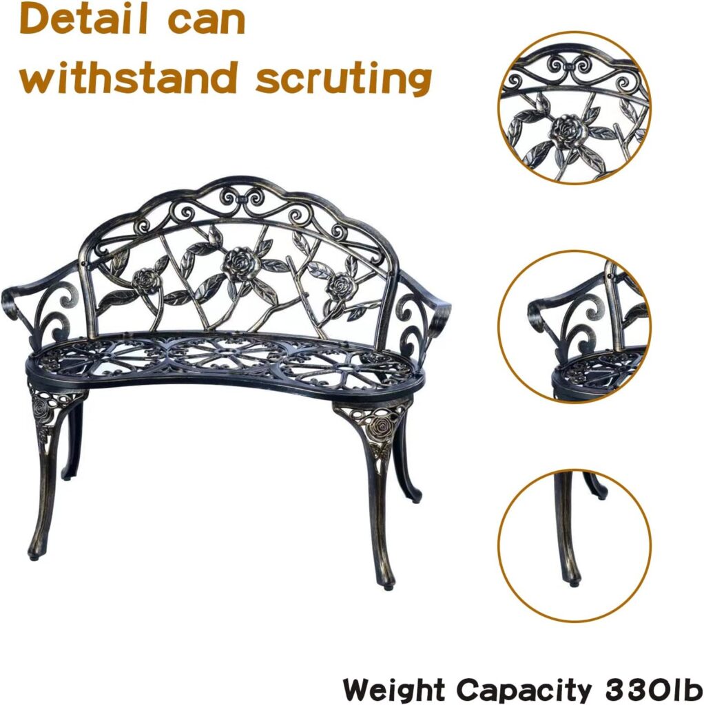 JARDIN DE CENTENNIAL Patio Garden Bench Metal Park Bench Cast Aluminum Outdoor Furniture with Floral Rose for Patio,Park,Lawn,Yard (Copper)