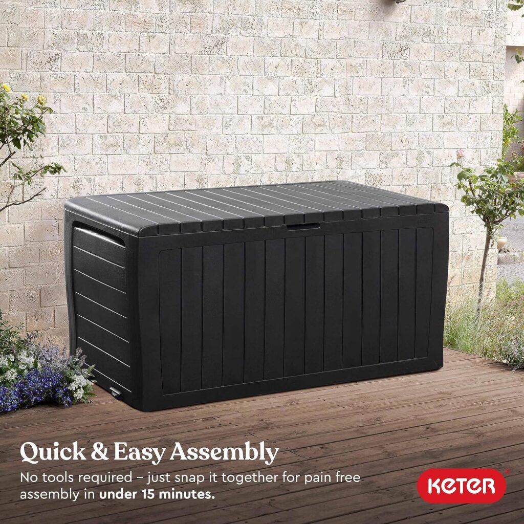 Keter City 30 Gallon Resin Deck Box for Patio Furniture, Pool Accessories, and Storage for Outdoor Toys, Dark Grey