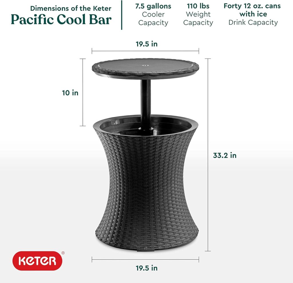 Keter Pacific Cool Bar Outdoor Patio Furniture and Hot Tub Side Table with 7.5 Gallon Beer and Wine Cooler, Espresso Brown