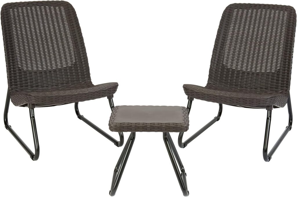 Keter Rio 3 Piece Resin Wicker Patio Furniture Set with Side Table and Outdoor Chairs, Brown