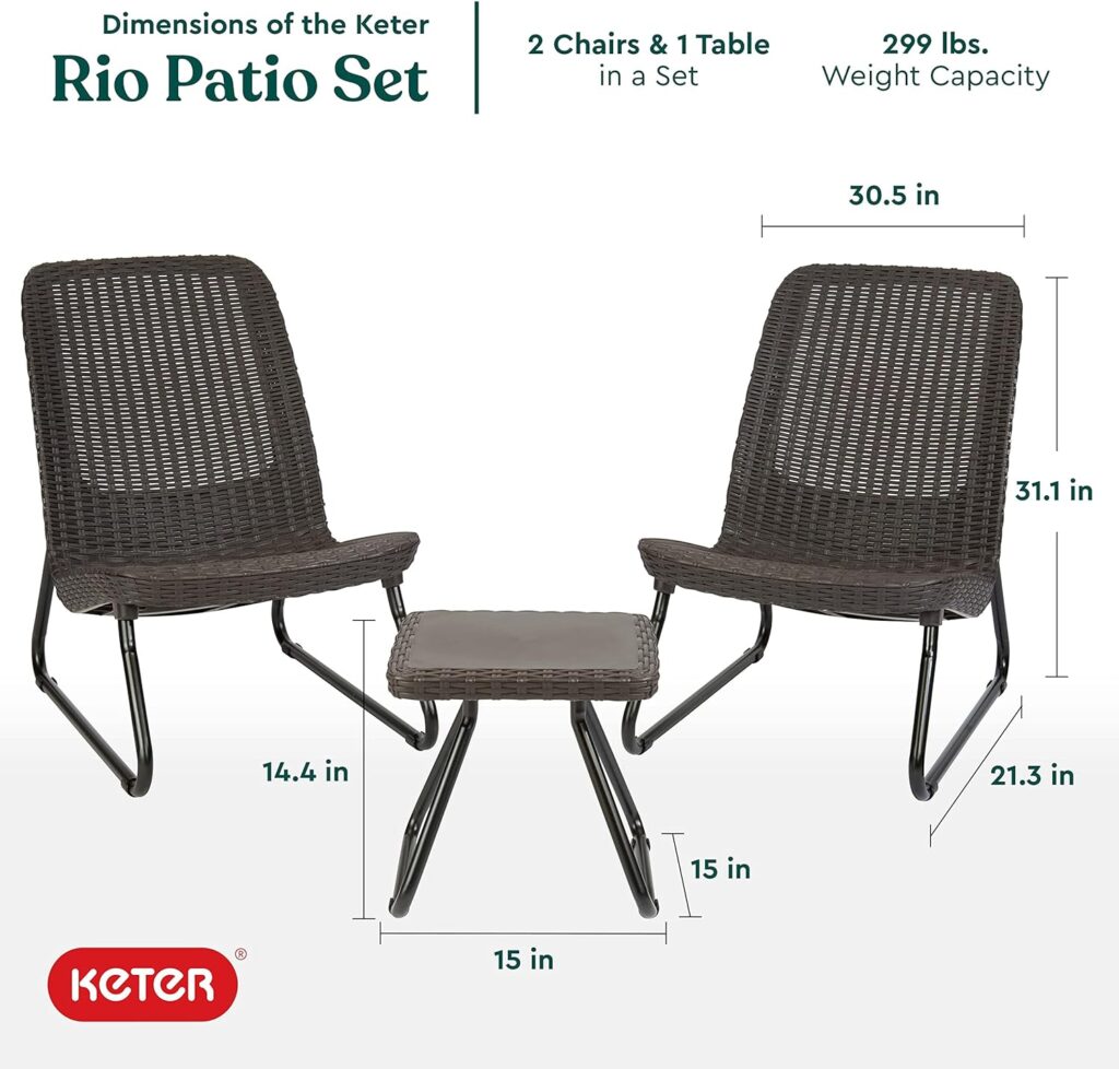 Keter Rio 3 Piece Resin Wicker Patio Furniture Set with Side Table and Outdoor Chairs, Brown