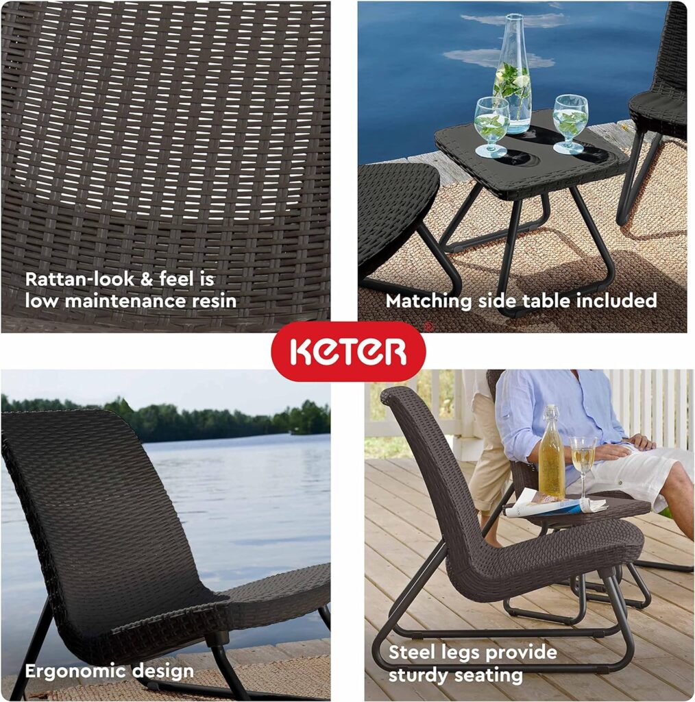 Keter Rio 3 Piece Resin Wicker Patio Furniture Set with Side Table and Outdoor Chairs, Brown