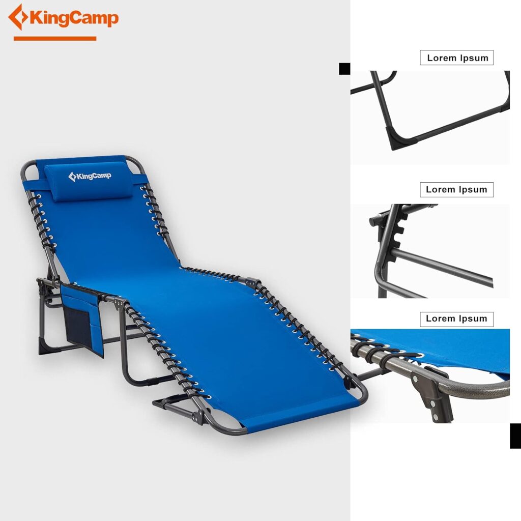 KingCamp Lounge Chairs for Outside, Folding Adjustable Patio Chaise Lounges for Pool, Beach, Sunbathing, Deck, Lawn, Portable Heavy Duty Lay Flat Reclining Foldable Camping Cot for Outdoor with Pillow