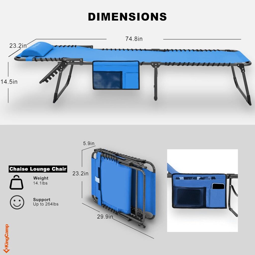 KingCamp Lounge Chairs for Outside, Folding Adjustable Patio Chaise Lounges for Pool, Beach, Sunbathing, Deck, Lawn, Portable Heavy Duty Lay Flat Reclining Foldable Camping Cot for Outdoor with Pillow