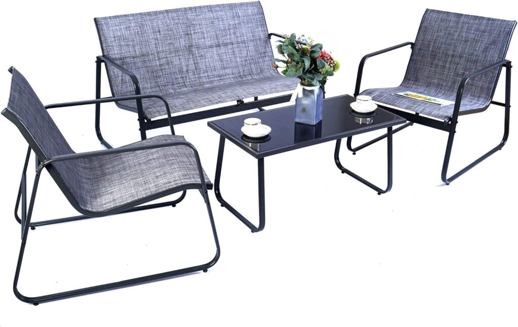 Kozyard Sofia 4 Pieces Patio/Outdoor Furniture Conversation Set with Strong Powder Coated Metal Frame, Includes One Love Seat, Two Single Chairs and One Table for Front Porch, Balcony, Backyad (Gray)