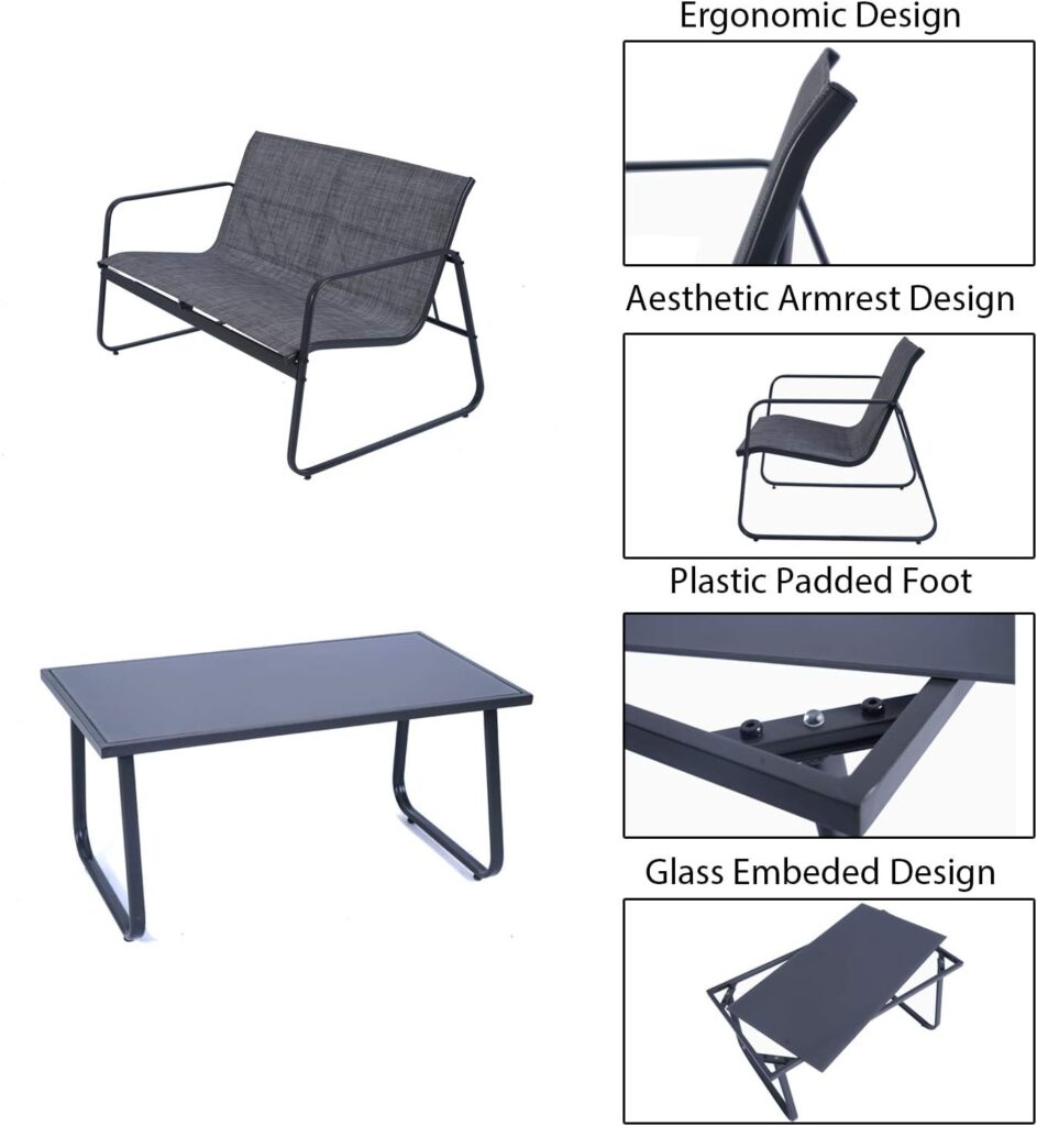 Kozyard Sofia 4 Pieces Patio/Outdoor Furniture Conversation Set with Strong Powder Coated Metal Frame, Includes One Love Seat, Two Single Chairs and One Table for Front Porch, Balcony, Backyad (Gray)