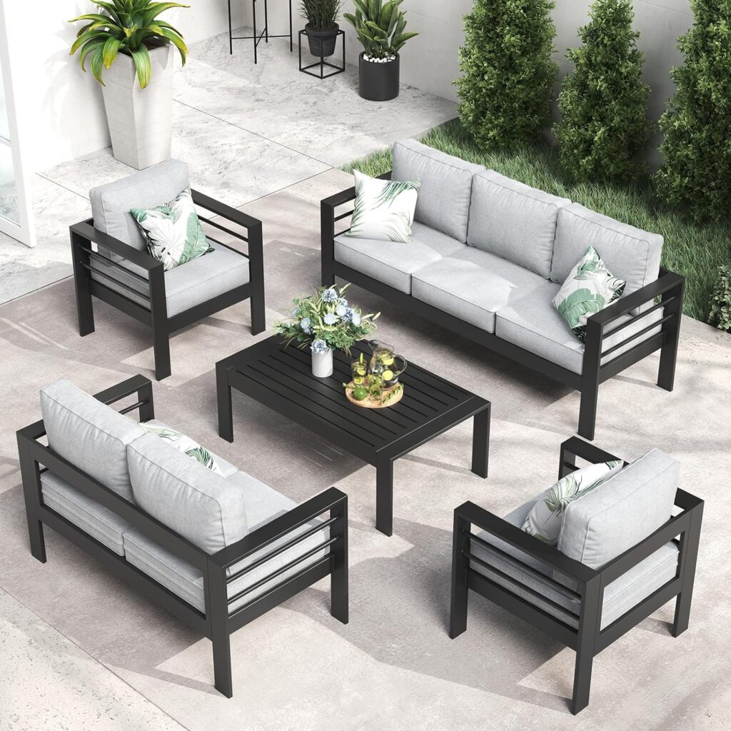 LayinSun Outdoor Aluminum Furniture Set, 5 Pieces Patio Sectional Conversation Chat Sofa Modern Seating Set with Coffee Table