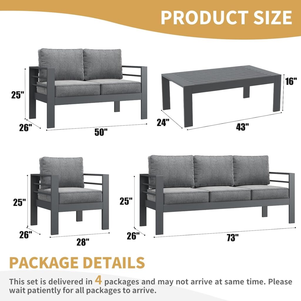 LayinSun Outdoor Aluminum Furniture Set, 5 Pieces Patio Sectional Conversation Chat Sofa Modern Seating Set with Coffee Table