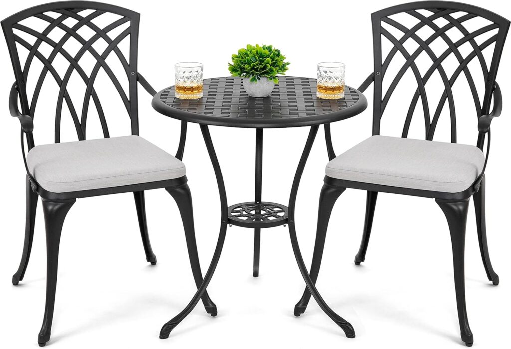 NUU GARDEN 3 Piece Bistro Table Set Cast Aluminum Outdoor Patio Furniture with Umbrella Hole and Grey Cushions for Patio Balcony, Black