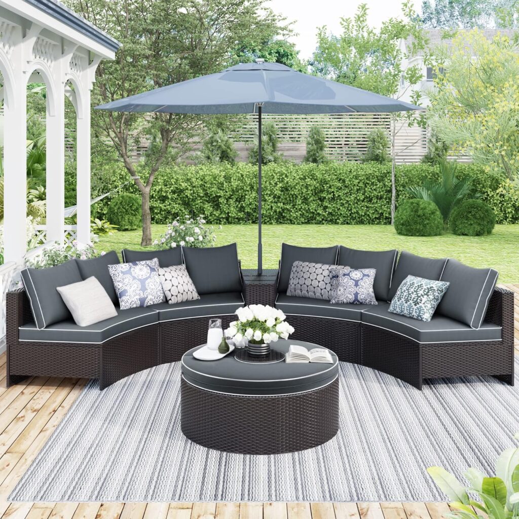 Outdoor Furniture UV-Resistant Conversation Set Bench and Glass Table, All Weather PE Wicker Sectional Couch for Deck Garden, 5-Piece Patio Sofa with Storage, Gray