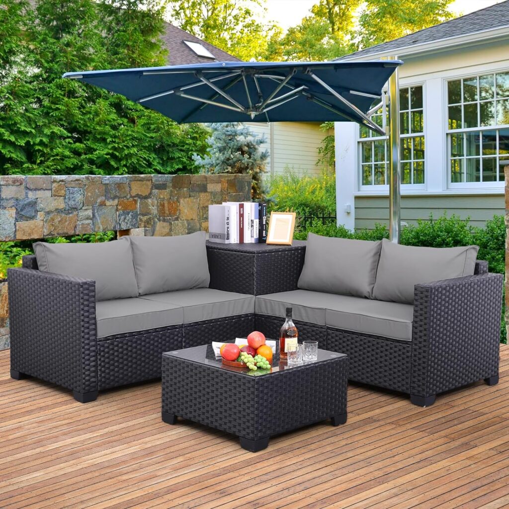 Outdoor PE Wicker Patio Furniture Set 4 Piece Black Rattan Sectional Loveseat Couch Set Conversation Sofa with Storage Box Glass Top Table and Non-Slip Grey Cushion