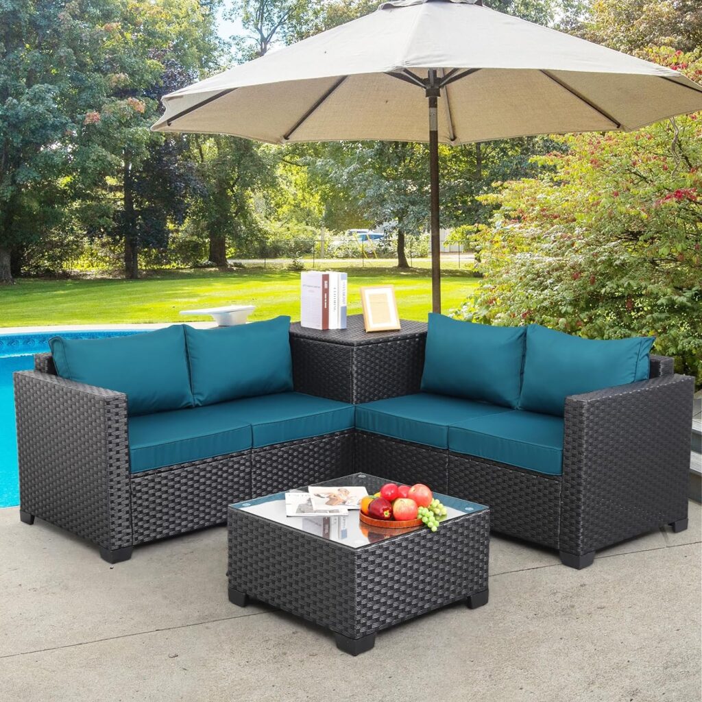 Outdoor PE Wicker Patio Furniture Set 4 Piece Black Rattan Sectional Loveseat Couch Set Conversation Sofa with Storage Box Glass Top Table and Non-Slip Grey Cushion