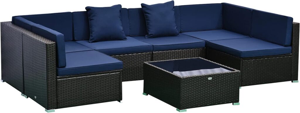 Outsunny 7-Piece Patio Furniture Sets Outdoor Wicker Conversation Sets All Weather PE Rattan Sectional Sofa Set with Cushions  Tempered Glass Desktop, Dark Blue