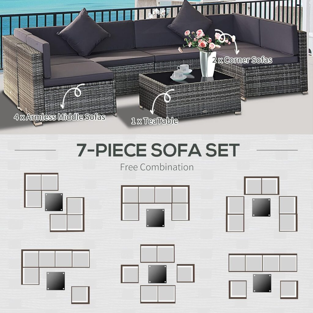 Outsunny 7-Piece Patio Furniture Sets Outdoor Wicker Conversation Sets All Weather PE Rattan Sectional Sofa Set with Cushions  Tempered Glass Desktop, Dark Blue