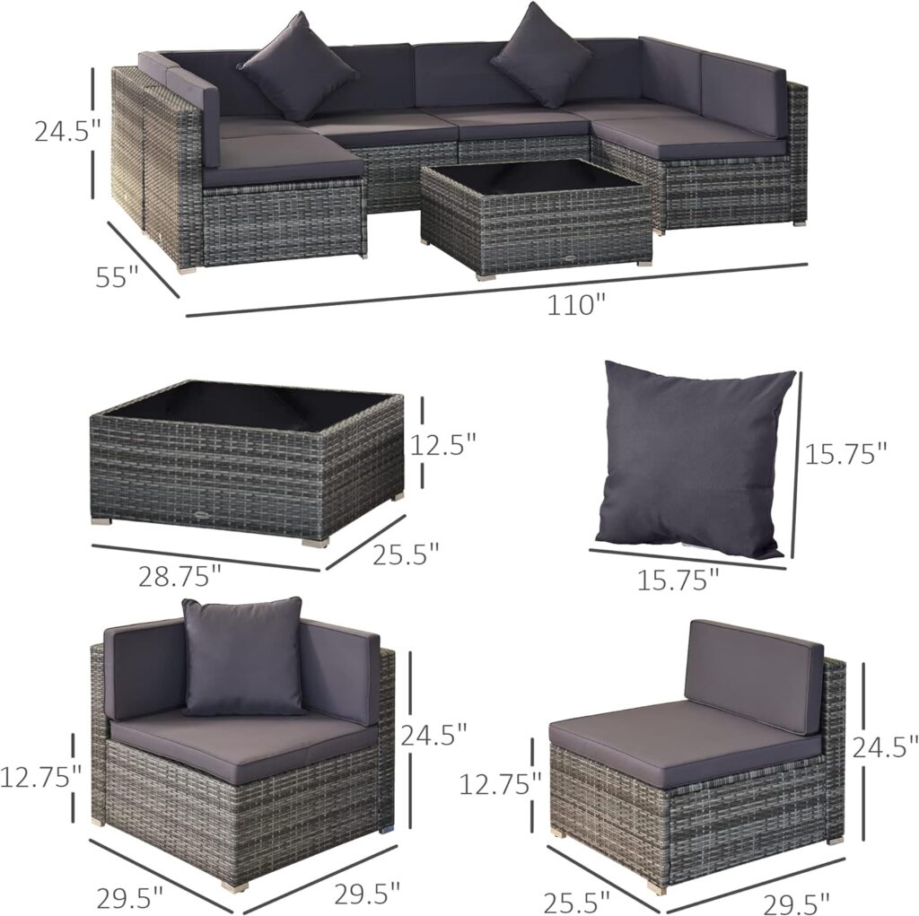 Outsunny 7-Piece Patio Furniture Sets Outdoor Wicker Conversation Sets All Weather PE Rattan Sectional Sofa Set with Cushions  Tempered Glass Desktop, Dark Blue