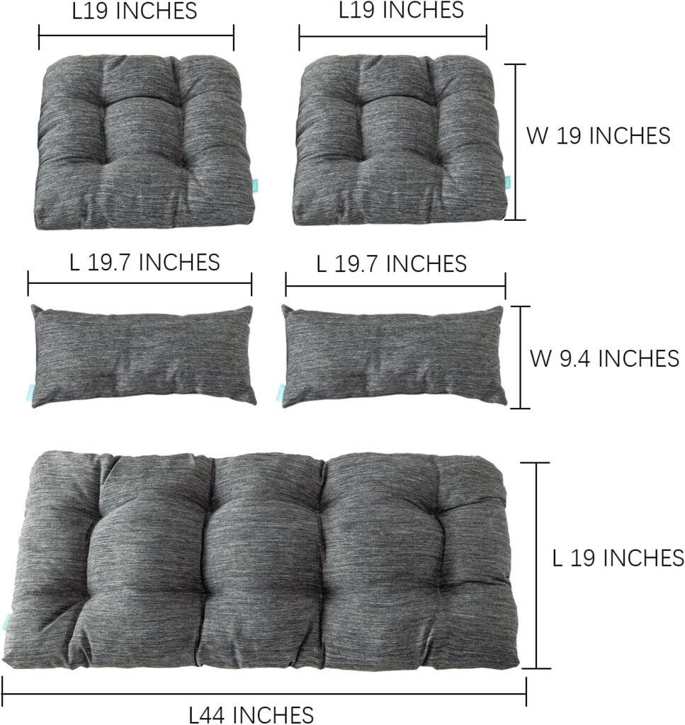 QILLOWAY Outdoor Patio Wicker Seat Cushions Group Loveseat/Two U-Shape/Two Lumbar Pillows for Patio Furniture,Wicker Loveseat,Bench,Porch,Settee of 5 (Charcoal Grey/Black)