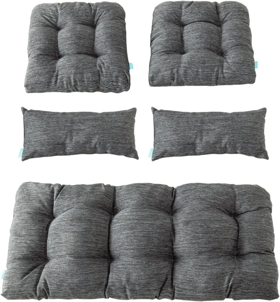 QILLOWAY Outdoor Patio Wicker Seat Cushions Group Loveseat/Two U-Shape/Two Lumbar Pillows for Patio Furniture,Wicker Loveseat,Bench,Porch,Settee of 5 (Charcoal Grey/Black)