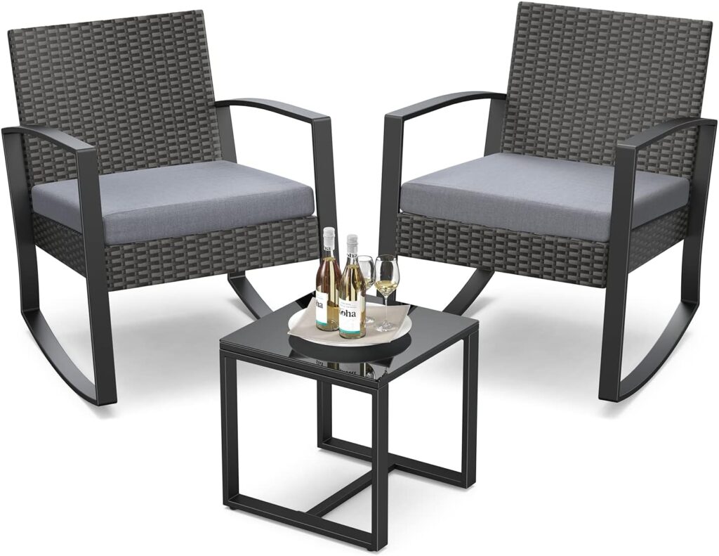 Qsun 3 Pieces Patio Furniture Set Rocking Bistro Set Outdoor Rattan Conversation with Coffee Table for Garden Balcony Backyard Poolside (Grey Cushion)