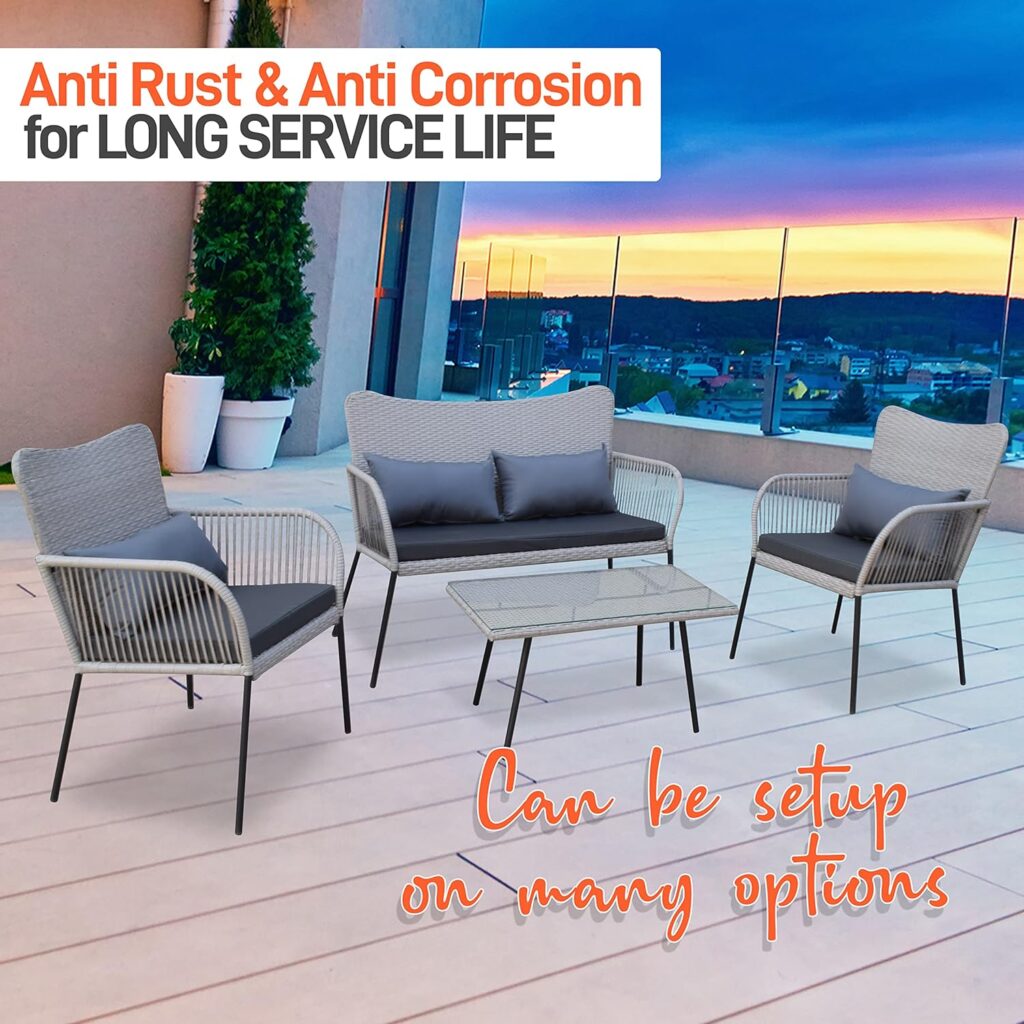 SereneLife Outdoor Living Rattan Furniture, Includes 1 Double  2 Single Chairs with Cushion  1 Glass-top Coffee Table 4 Piece Conversation/Chat Set (Light Grey)