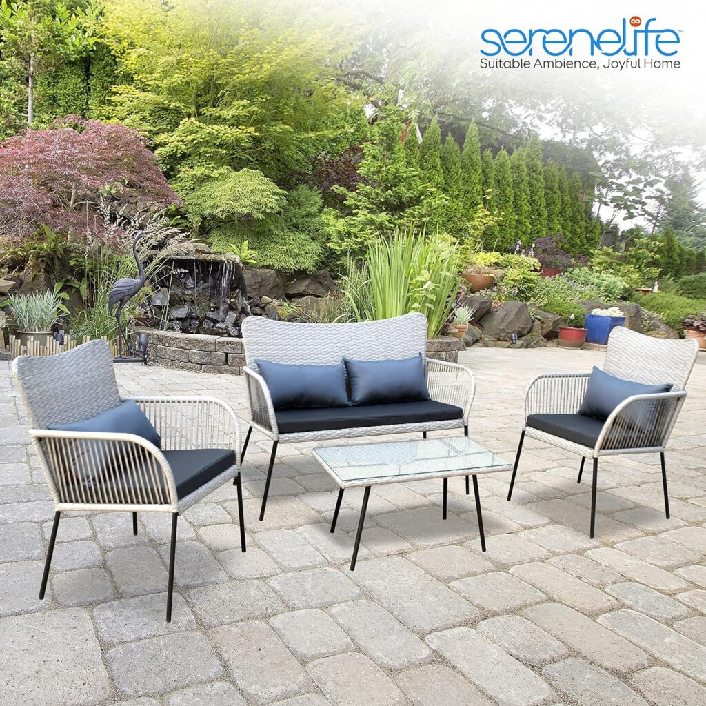 SereneLife Outdoor Living Rattan Furniture, Includes 1 Double  2 Single Chairs with Cushion  1 Glass-top Coffee Table 4 Piece Conversation/Chat Set (Light Grey)