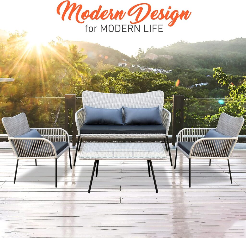 SereneLife Outdoor Living Rattan Furniture, Includes 1 Double  2 Single Chairs with Cushion  1 Glass-top Coffee Table 4 Piece Conversation/Chat Set (Light Grey)