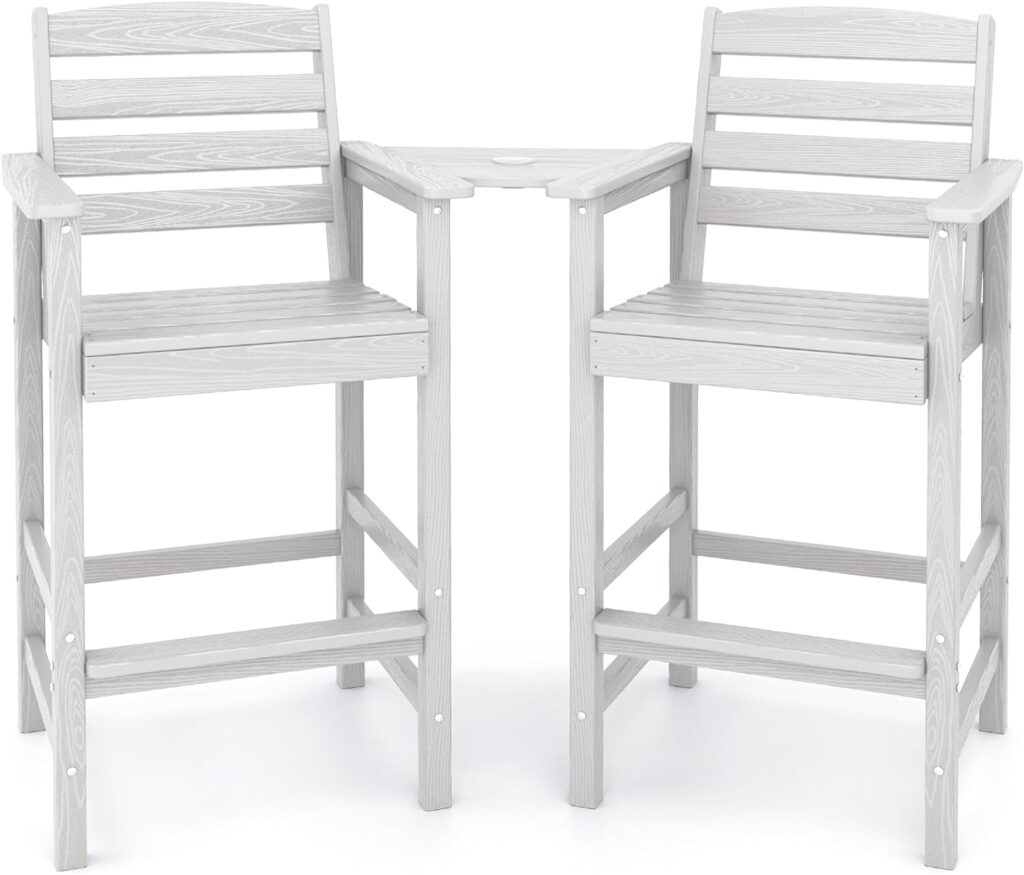 SERWALL Tall Adirondack Chairs Set of 2 with Connecting Table, Balcony Adirondack Chairs Set, Outdoor Bar Height Barstools Chair Set for Bistro, Poolside, Garden, White