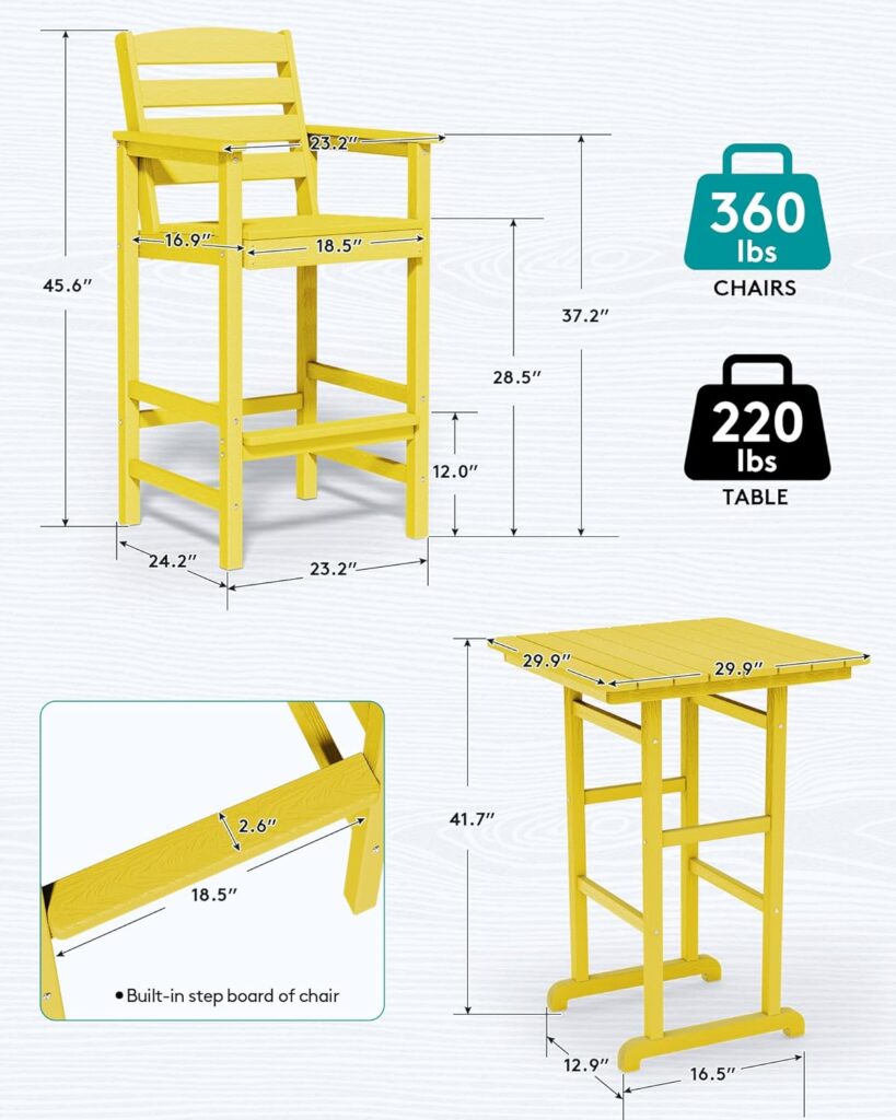 SERWALL Tall Adirondack Chairs Set of 2 with Connecting Table, Balcony Adirondack Chairs Set, Outdoor Bar Height Barstools Chair Set for Bistro, Poolside, Garden, White