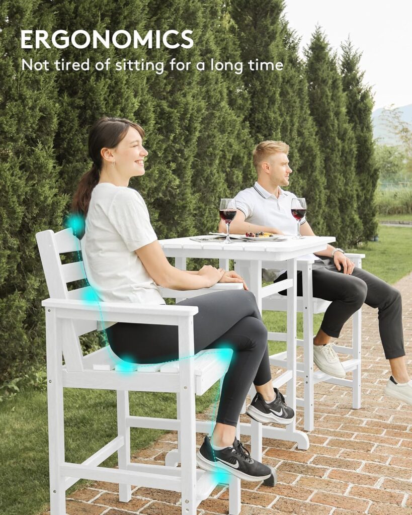 SERWALL Tall Adirondack Chairs Set of 2 with Connecting Table, Balcony Adirondack Chairs Set, Outdoor Bar Height Barstools Chair Set for Bistro, Poolside, Garden, White