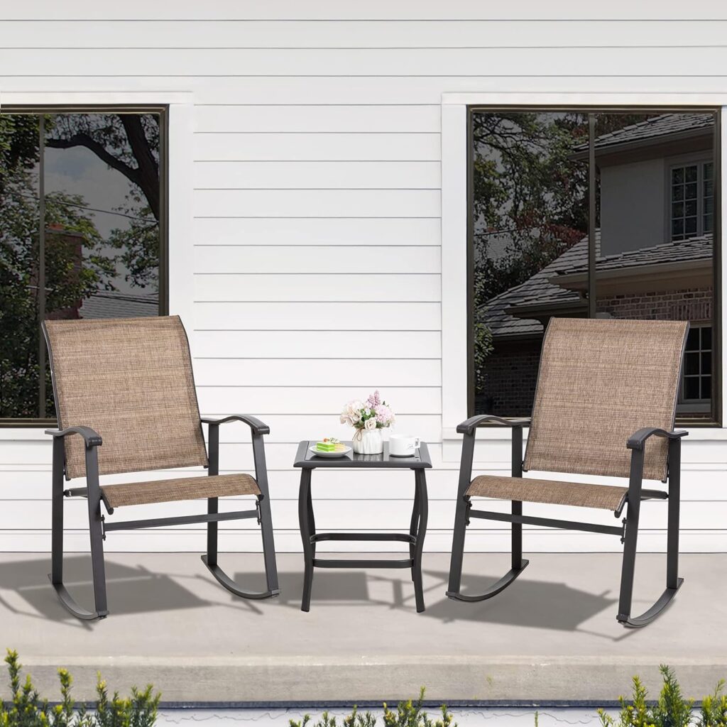 Shintenchi 3 Piece Rocking Bistro Set, Outdoor Furniture with Rocker Chairs and Glass Coffee Table Set of 3, Balcony, Porch Furniture for Small Space, Brown