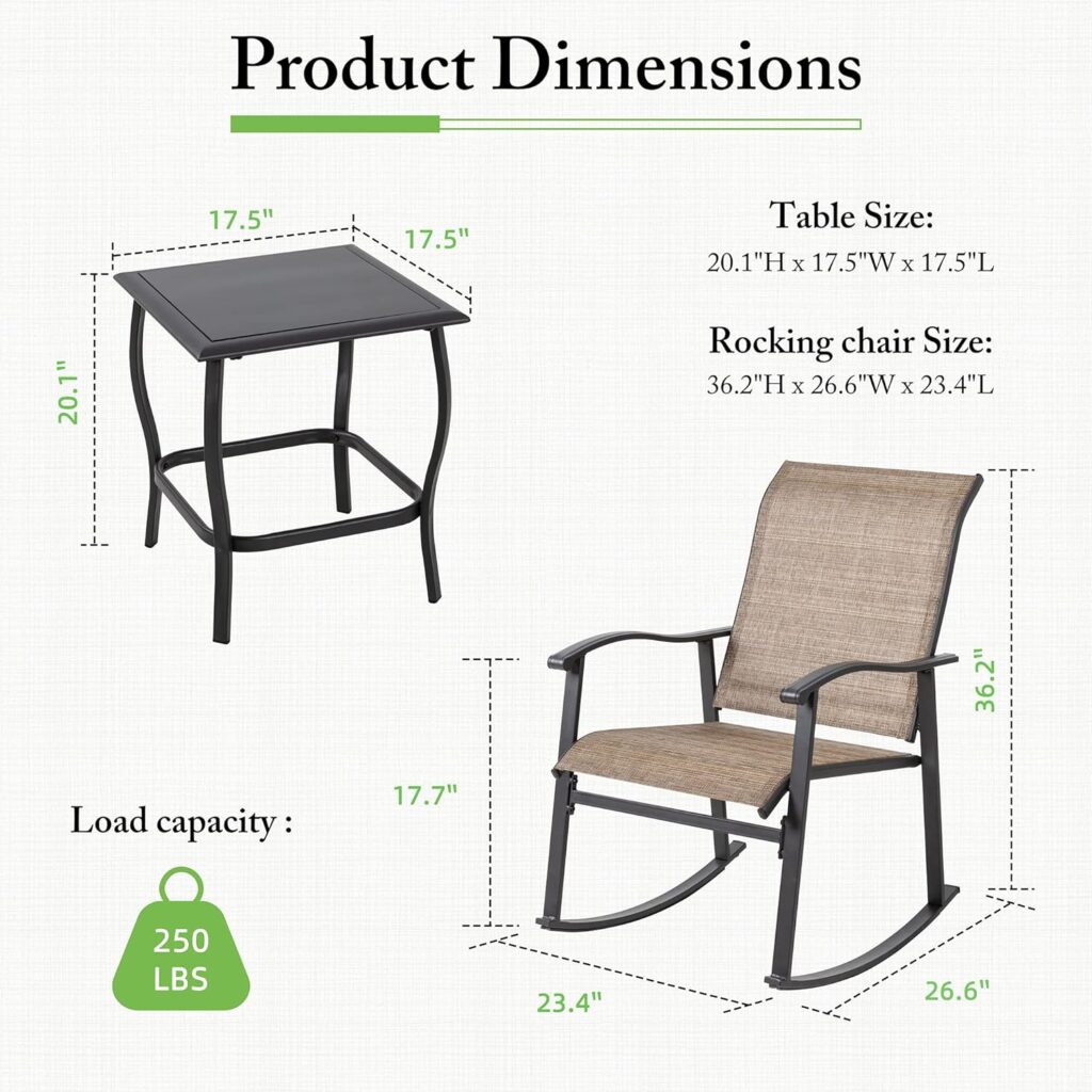 Shintenchi 3 Piece Rocking Bistro Set, Outdoor Furniture with Rocker Chairs and Glass Coffee Table Set of 3, Balcony, Porch Furniture for Small Space, Brown