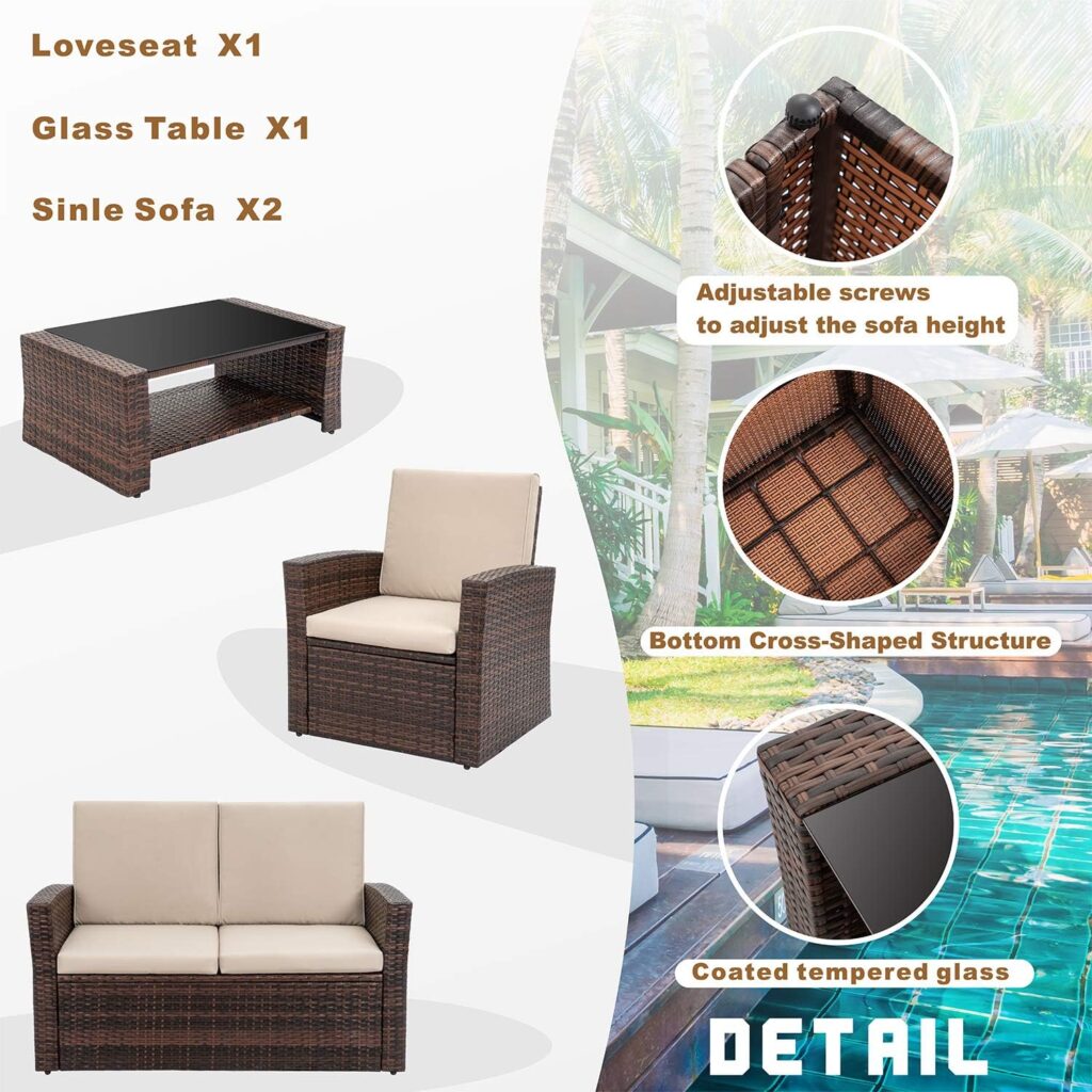 Shintenchi 4-Piece Outdoor Patio Furniture Set, Wicker Rattan Sectional Sofa Couch with Glass Coffee Table | Black