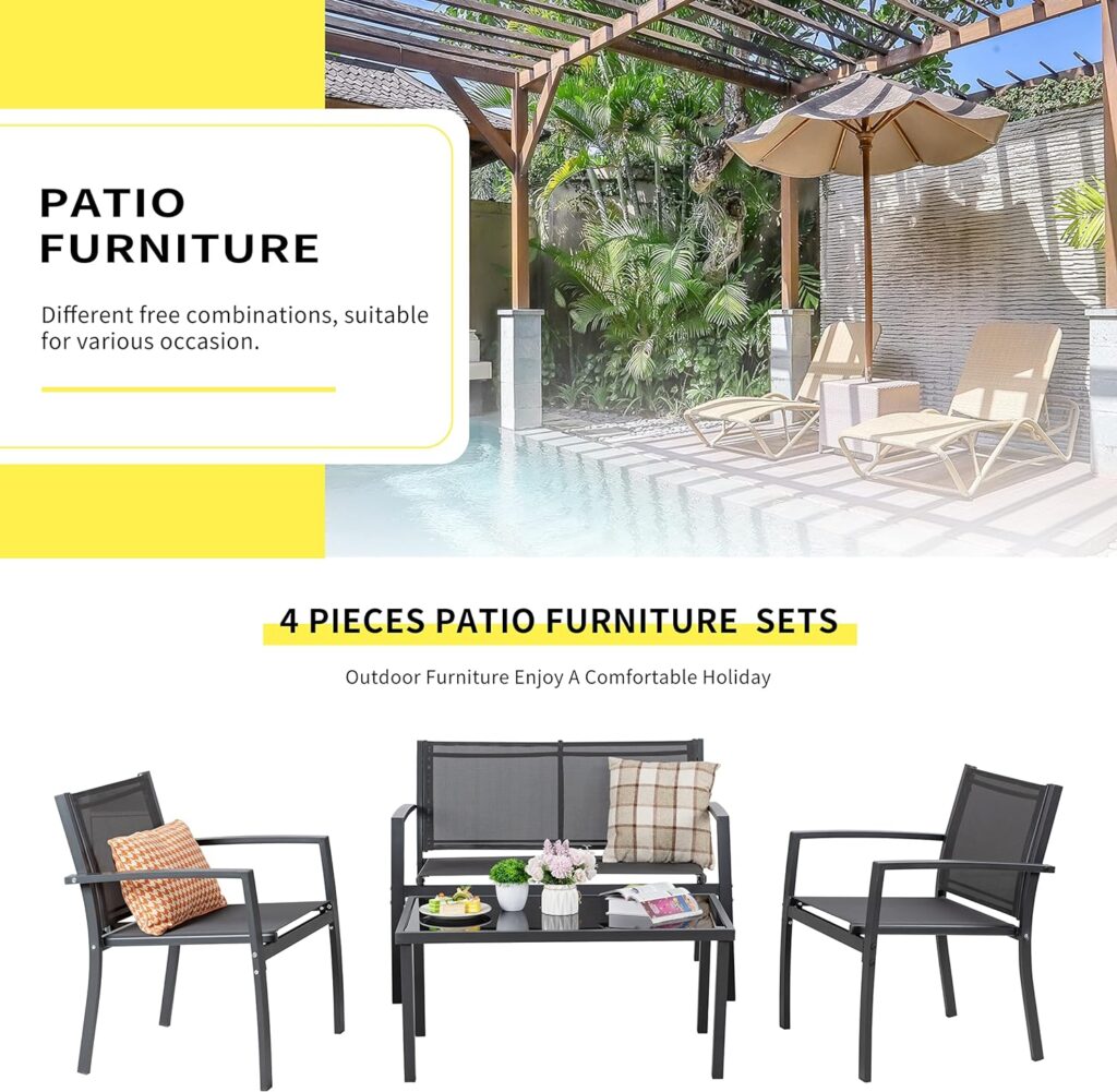 Shintenchi 4 Pieces Patio Furniture Set All Weather Textile Fabric Outdoor Conversation Set, with Glass Coffee Table, Loveseat, 2 Single Chairs for Home, Garden, Lawn, Porch（Black）