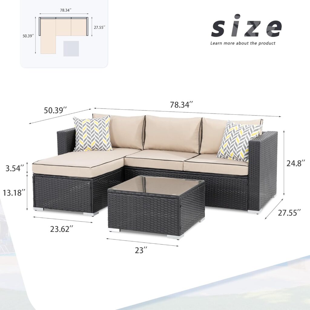 Shintenchi Patio Furniture Sets 3 Pieces Outdoor Sectional Sofa Silver All-Weather Rattan Wicker Sofa Small Patio Conversation Couch with Washable Cushion and Glass Table (Sky Blue)