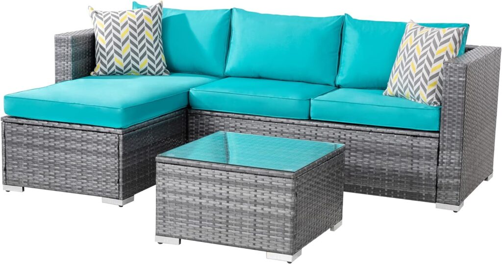 Shintenchi Patio Furniture Sets 3 Pieces Outdoor Sectional Sofa Silver All-Weather Rattan Wicker Sofa Small Patio Conversation Couch with Washable Cushion and Glass Table (Sky Blue)