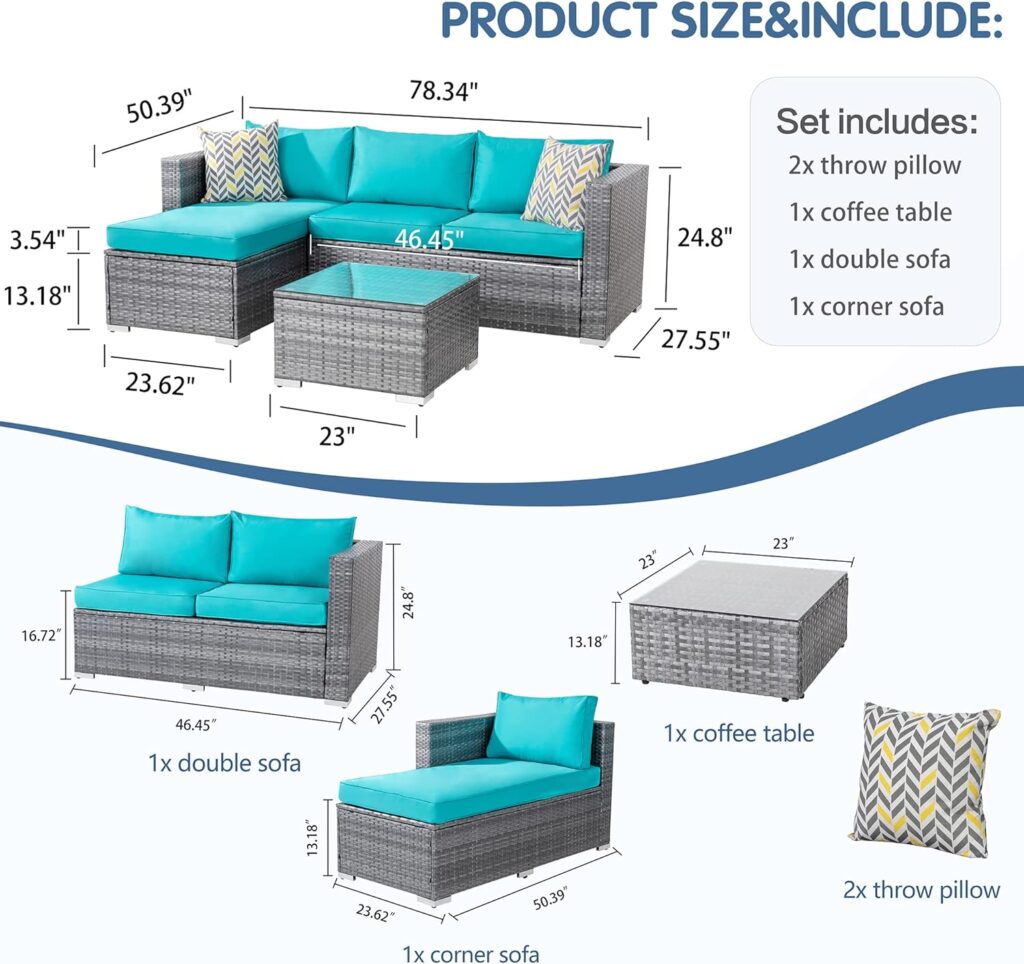 Shintenchi Patio Furniture Sets 3 Pieces Outdoor Sectional Sofa Silver All-Weather Rattan Wicker Sofa Small Patio Conversation Couch with Washable Cushion and Glass Table (Sky Blue)