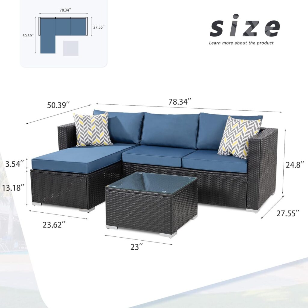 Shintenchi Patio Furniture Sets 3 Pieces Outdoor Sectional Sofa Silver All-Weather Rattan Wicker Sofa Small Patio Conversation Couch with Washable Cushion and Glass Table (Sky Blue)