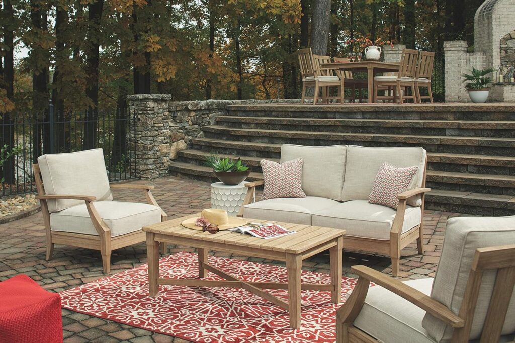 Signature Design by Ashley Clare View Coastal Outdoor Patio Eucalyptus Loveseat with Cushions, Beige