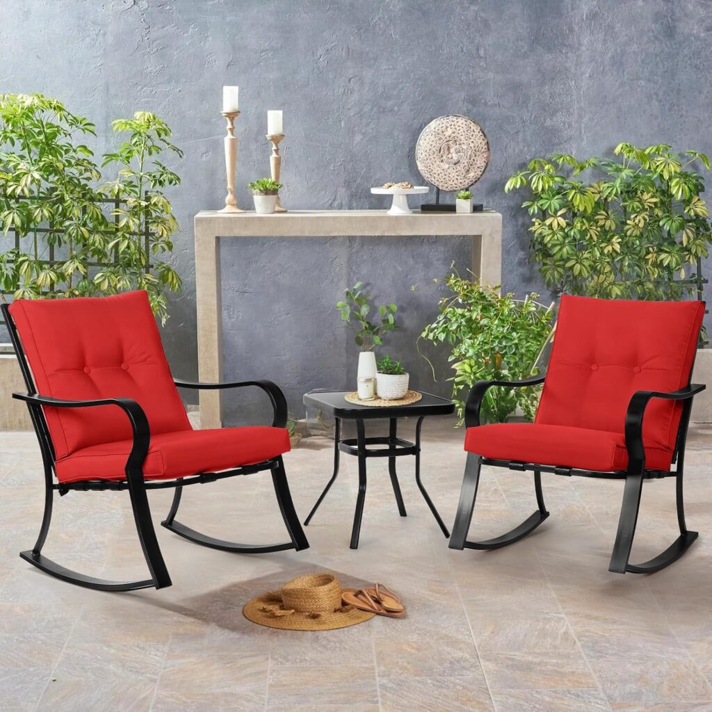 SOLAURA 3-Piece Outdoor Rocking Chairs Bistro Set, Black Iron Patio Furniture with Brown Thickened Cushion  Glass-Top Coffee Table