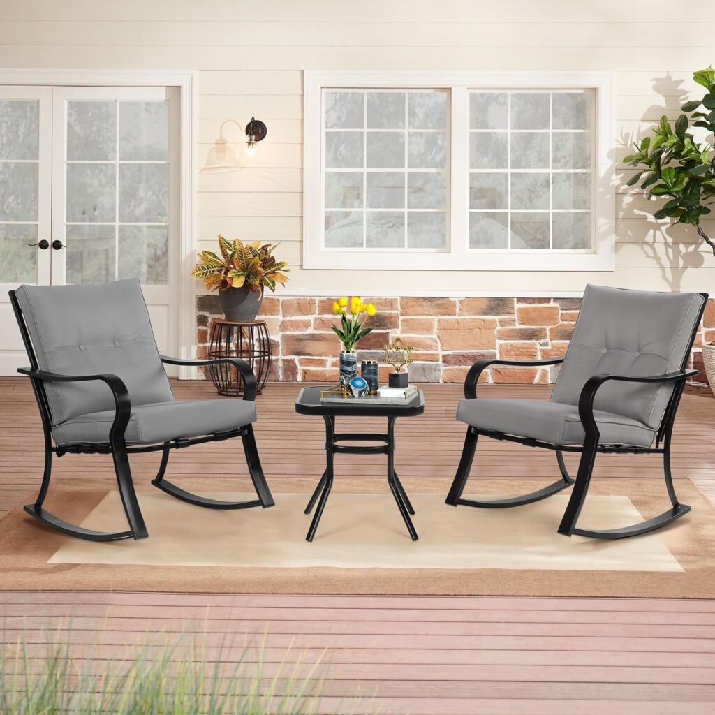 SOLAURA 3-Piece Outdoor Rocking Chairs Bistro Set, Black Iron Patio Furniture with Brown Thickened Cushion  Glass-Top Coffee Table