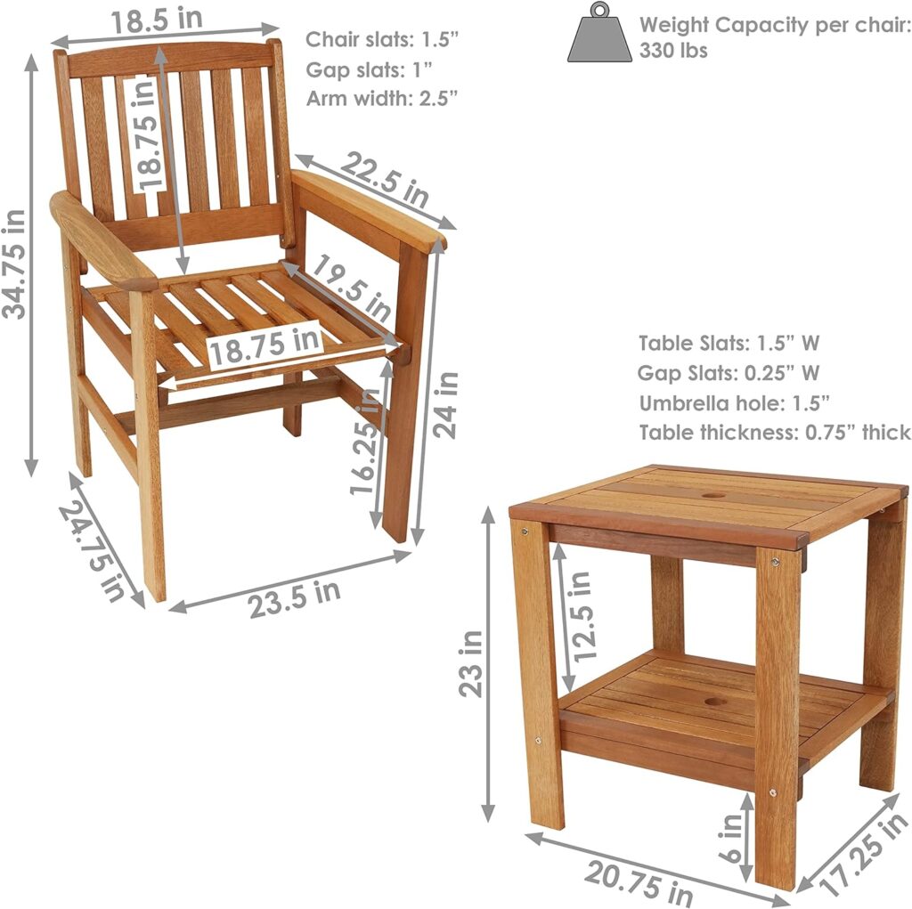 Sunnydaze Meranti Wood 3-Piece Outdoor Patio Conversation Set - 2 Chairs and 1 Table - Teak Oil Finish