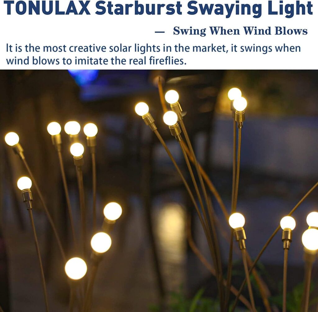 TONULAX Solar Garden Lights - New Upgraded Solar Swaying Light, Sway by Wind, Solar Outdoor Lights, Yard Patio Pathway Decoration, High Flexibility Iron Wire  Heavy Bulb Base, Warm White(2 Pack)