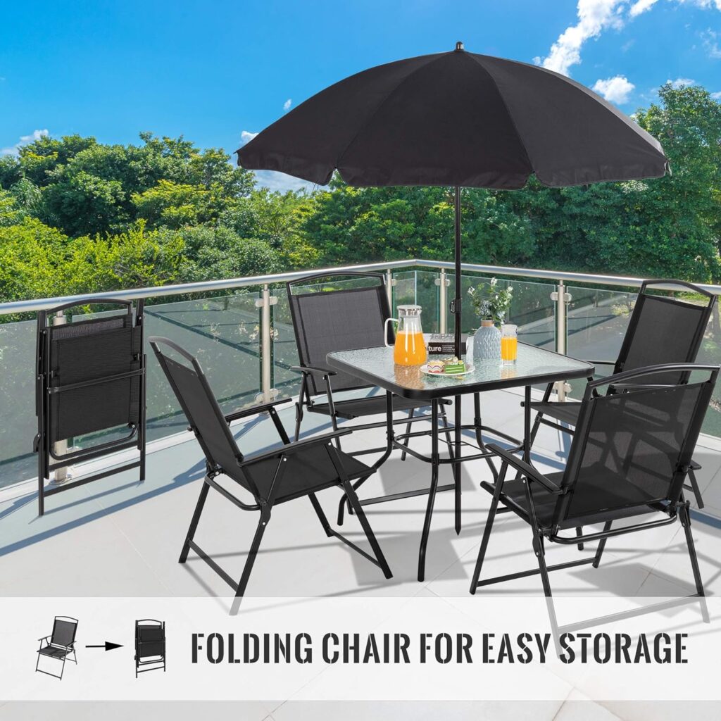 Vongrasig 6 Piece Folding Patio Dining Set,Small Metal Outdoor Garden Patio Table and Chair Set w/Umbrella for Lawn,Deck,Backyard,Black