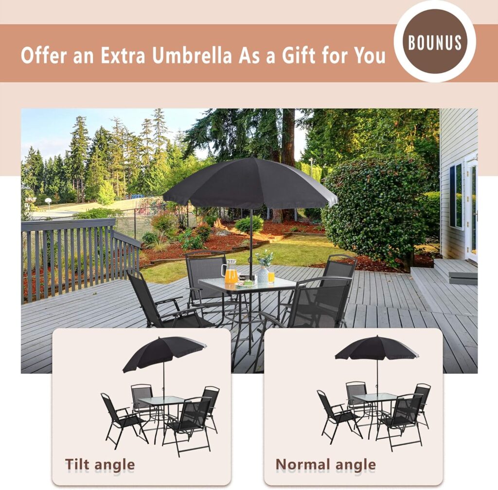 Vongrasig 6 Piece Folding Patio Dining Set,Small Metal Outdoor Garden Patio Table and Chair Set w/Umbrella for Lawn,Deck,Backyard,Black