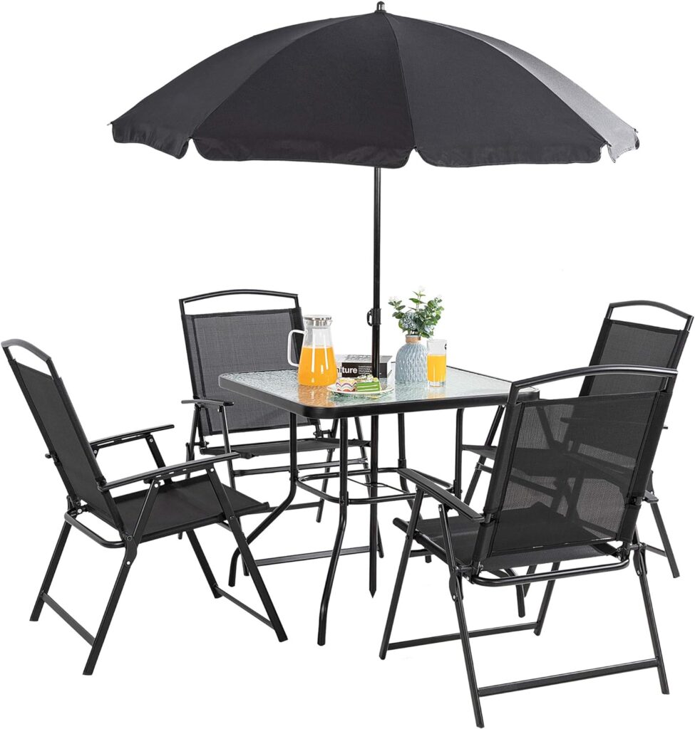 Vongrasig 6 Piece Folding Patio Dining Set,Small Metal Outdoor Garden Patio Table and Chair Set w/Umbrella for Lawn,Deck,Backyard,Black