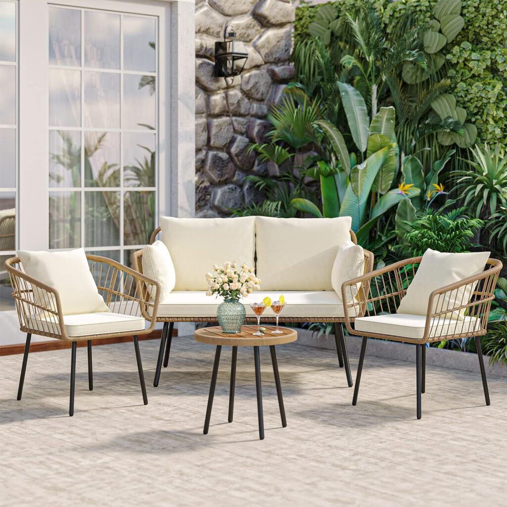 YITAHOME Rattan 4 PCS Patio Furniture Set, Outdoor Wicker Conversation Sectional L-Shaped Sofa with 5 Seater for Backyard, Porch, Boho Detachable Lounger with Thickness Cushions and Side Table - Grey