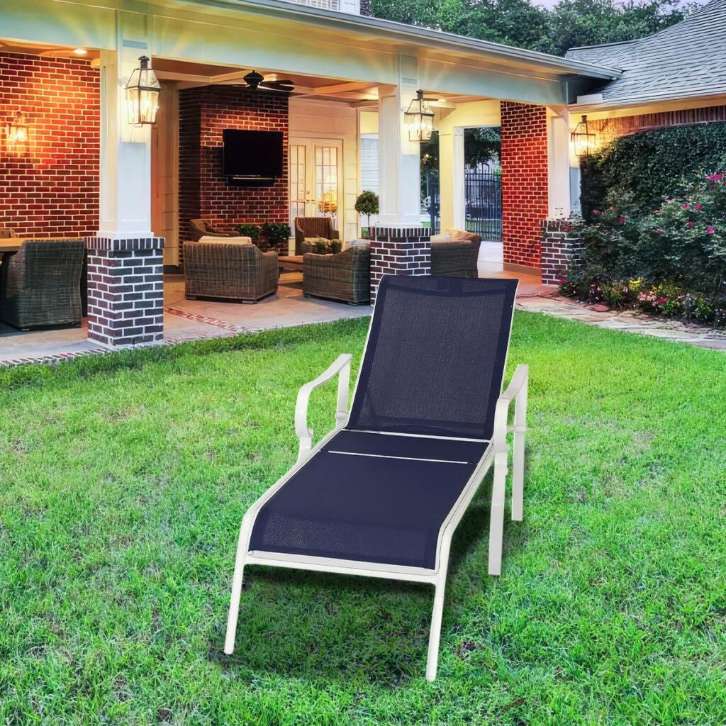 yoyomax Chaise Lounge Outdoor w/Adjustable Back in 5 Reclining Levels, Sturdy Metal Frame, Sunbathing Chair for Beach, Yard, Balcony, Poolside, Dark Blue