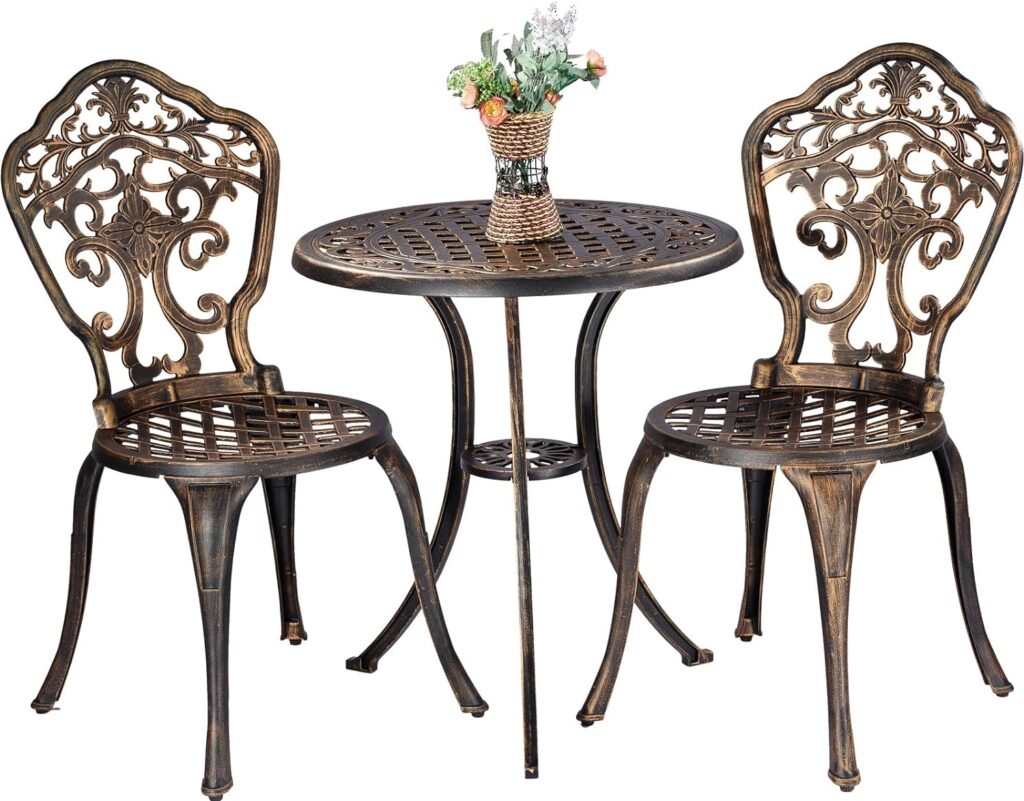 ZOTORUN Bistro Set 3 Piece Rustproof Cast Aluminum Patio Furniture Sets 2 Chairs and 1 Round Table Outdoor, Garden, Patio, Balcony, Bronze