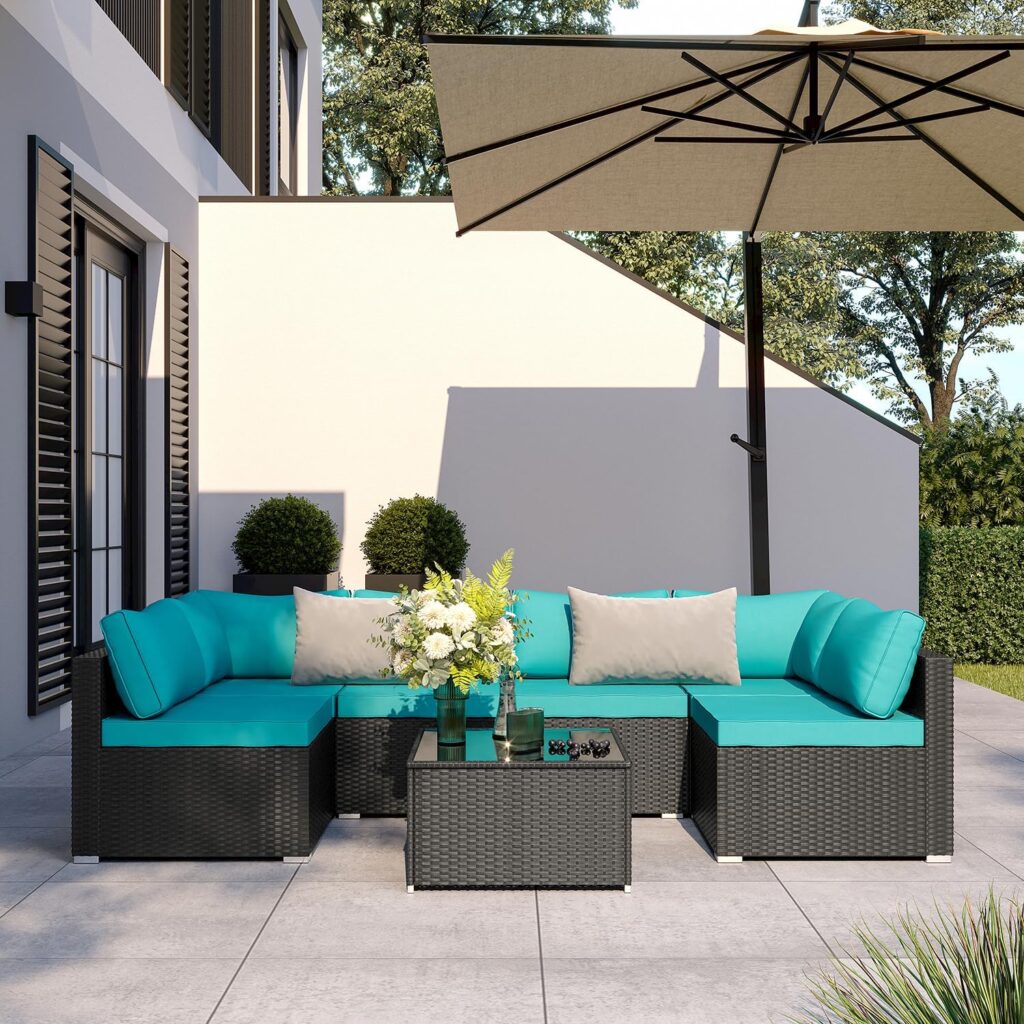 7 Pieces Patio Furniture Set - Outdoor Sectional Wicker Rattan Furniture with Cushion and Glass Table Patio Conversation Sets for Porch Poolside Backyard Outdoor Sofa Set Modular Sofa