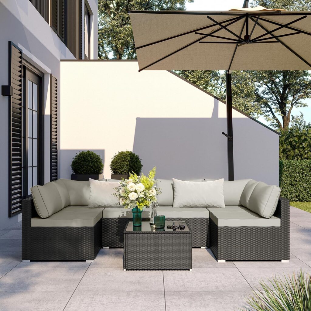 7 Pieces Patio Furniture Set - Outdoor Sectional Wicker Rattan Furniture with Cushion and Glass Table Patio Conversation Sets for Porch Poolside Backyard Outdoor Sofa Set Modular Sofa